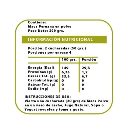 Maca en Polvo, 100% Peruana, 200 g
