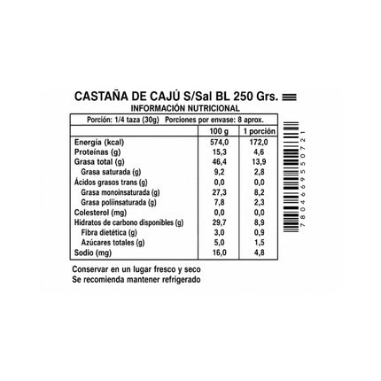 Castañas de Cajú sin Sal, 250 g