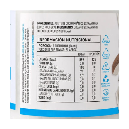 Aceite de coco orgánico, Sin Gluten, 1000 ml.