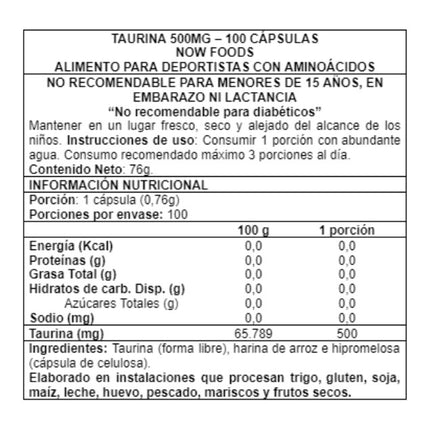 Taurine, Taurina, 500 mg, 100 caps