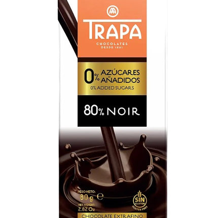 Barra de Chocolate Extrafino, 80% Cacao Noir, 0%, Azúcar Añadidos, 80 gr