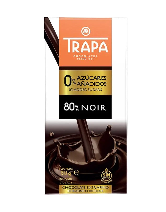 Barra de Chocolate Extrafino, 80% Cacao Noir, 0%, Azúcar Añadidos, 80 gr