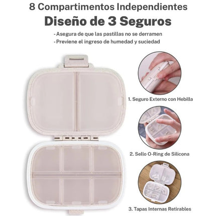 Pastillero Portátil, 8 Divisiones, Beige. 1 u
