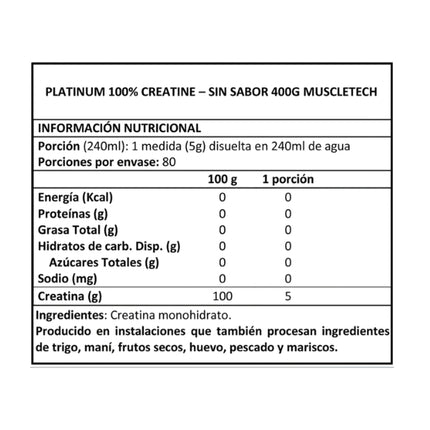 Creatina Platinum, Sin Sabor, Monohidratada, 400g.