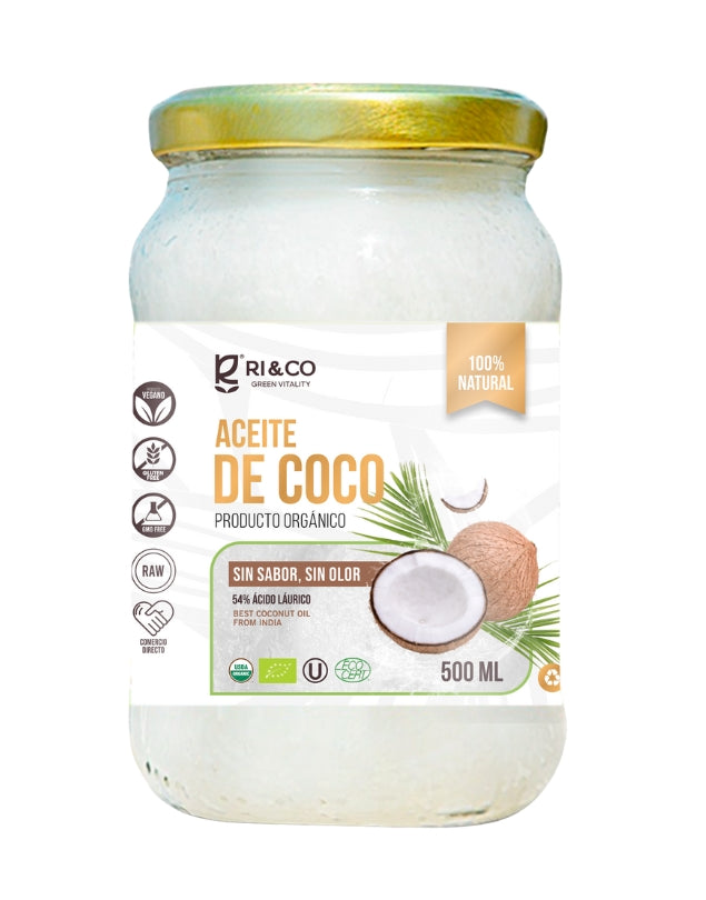 Aceite de Coco Orgánico, Sin Sabor Y Sin Olor, 500 ml. RI&CO