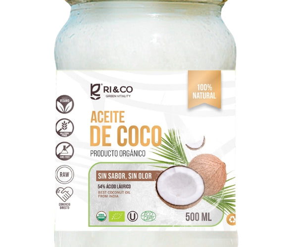 Aceite de Coco Orgánico, Sin Sabor Y Sin Olor, 500 ml