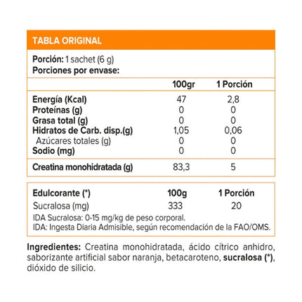 Creatina Monohidratada 5000, Sabor Naranja, 20 Sachet