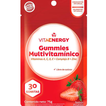 Gomitas Multivitamínico Vitaminas A,C,D,E + Complejo B + Zinc, Sabor Frutilla, 30 gomitas
