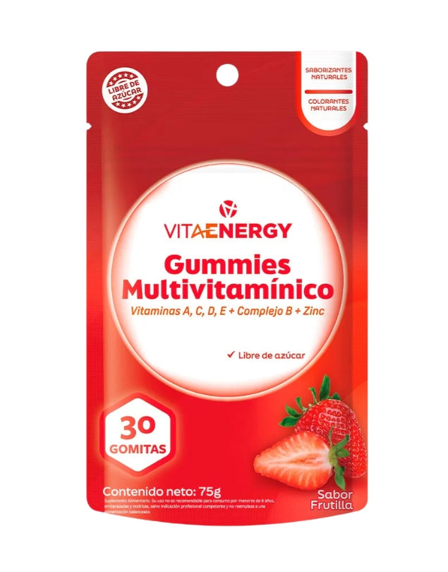 Gomitas Multivitamínico Vitaminas A,C,D,E + Complejo B + Zinc, Sabor Frutilla, 30 gomitas