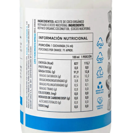 Aceite de Coco, Sin Olor, Sin Sabor, Organico, 1L