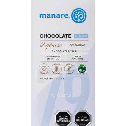Barra de Chocolate, Sin Azucar, Organico, 79% Cacao, 100g