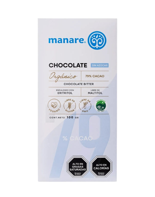 Barra de Chocolate, Sin Azucar, Organico, 79% Cacao, 100g
