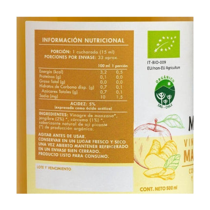 Vinagre de Manzana Organico, Curcuma Y Jengibre, 500 ml