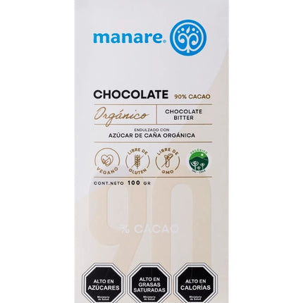 Barra de Chocolate, Sin Azucar, Organico, 90% Cacao, 100g