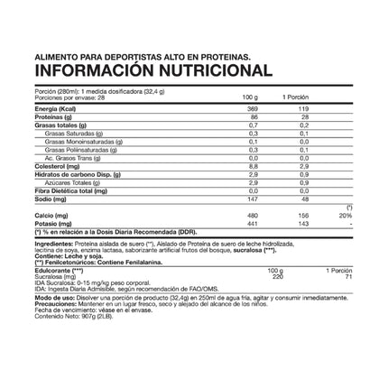 Iso100% Hydro Whey Protein Isolate, Sabor Frutos Rojos, 2lbs.