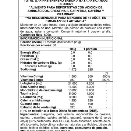 Total War, PreWorkout,Pre Entreno, Sabor Arctic Berry, 600 gr.