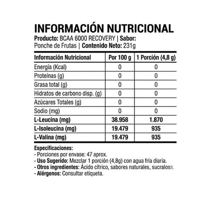 BCAA 6000 Polvo, Aminoacidos, Sabor Fruit Punch, 231 gr