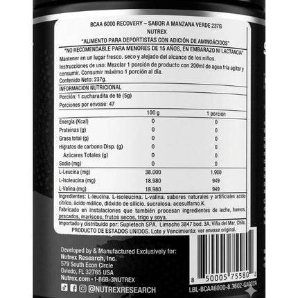 BCAA 6000 Polvo, Aminoacidos, Sabor Green Apple, 237 gr