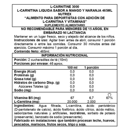 L-Carnitina 3000, Sabor Naranja Mango, 473 ml.