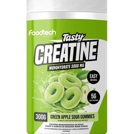Tasty Creatina Monohidratada, En Polvo, Sabor Gomitas Manzana Verde, 300grs