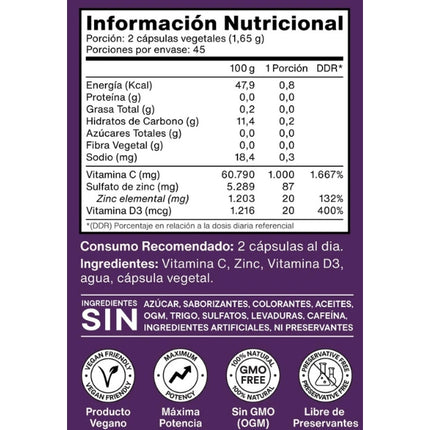 Vitaminas C + D3 + Zinc, 90 caps