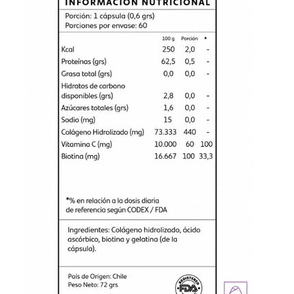 Colageno + Biotina + Vitamina C, 60 caps.
