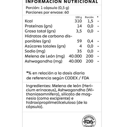 Melena de Leon + Ashwagandha, 60 caps.