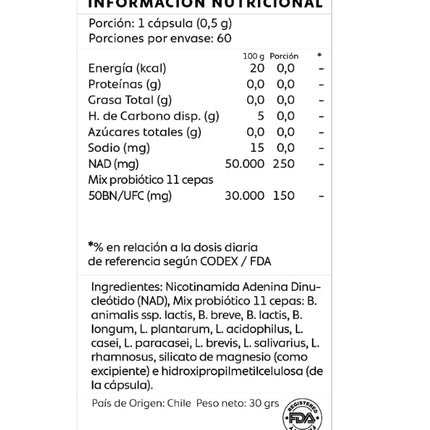 NAD + Probioticos 11 Cepas, 60 caps