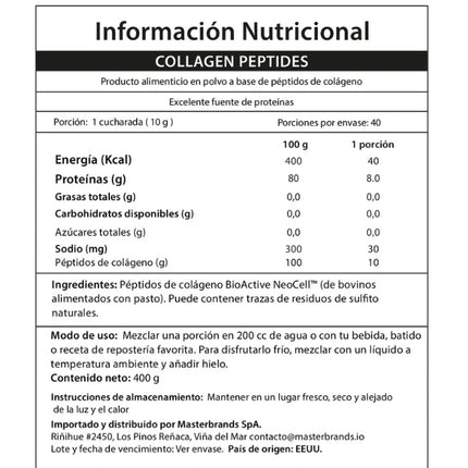Colageno Peptidos, Sin Sabor, 400gr