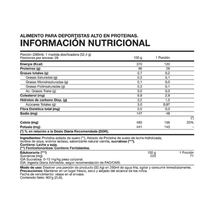 Iso100% Hydro Whey Protein Isolate, Sabor Vainilla, 2lbs