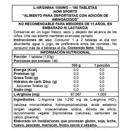 L-Arginine , Aminoacidos, 1000mg, 180 tab