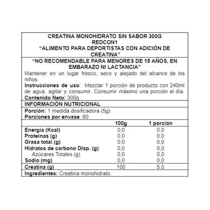 Creatina Monohidratada, Sin Sabor, 300 gr