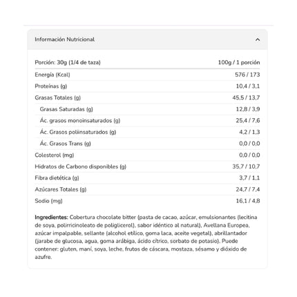 Avellanas Cubierta Chocolate Bitter, 62% de Cacao, 200 gr