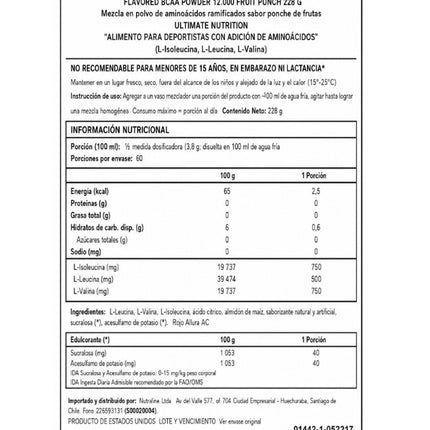 BCAA Powder 12000, Aminoacidos, Sabor Fruit Punch, 288 gr