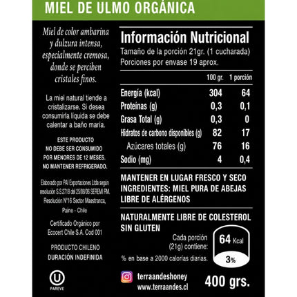 Miel De Ulmo Organica, 400g