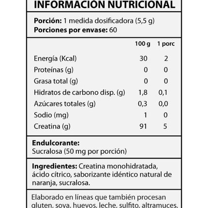 Creatina Monohidratada, Sabor Naranja, 330 gr