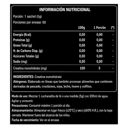 Creatina Monohidratada Micronizada, Sin Sabor, 300g