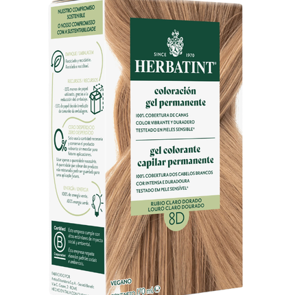 Tintura Permanente Natural, Rubio Claro Dorado, 8D. 170 ml