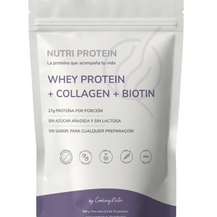 Nutriprotein, Proteina Whey, Colageno, Biotina, Sin Sabor, 20 Porciones, 660g