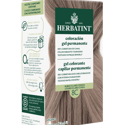 Tintura Permanente Natural, Rubio Claro Ceniza, 8C. 170 ml