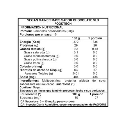 Vegan Gainer Mass, Ganador de Peso, Sabor Chocolate, 3 lbs