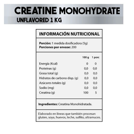 Creatina Monohidratada, Sin Sabor, 1Kg